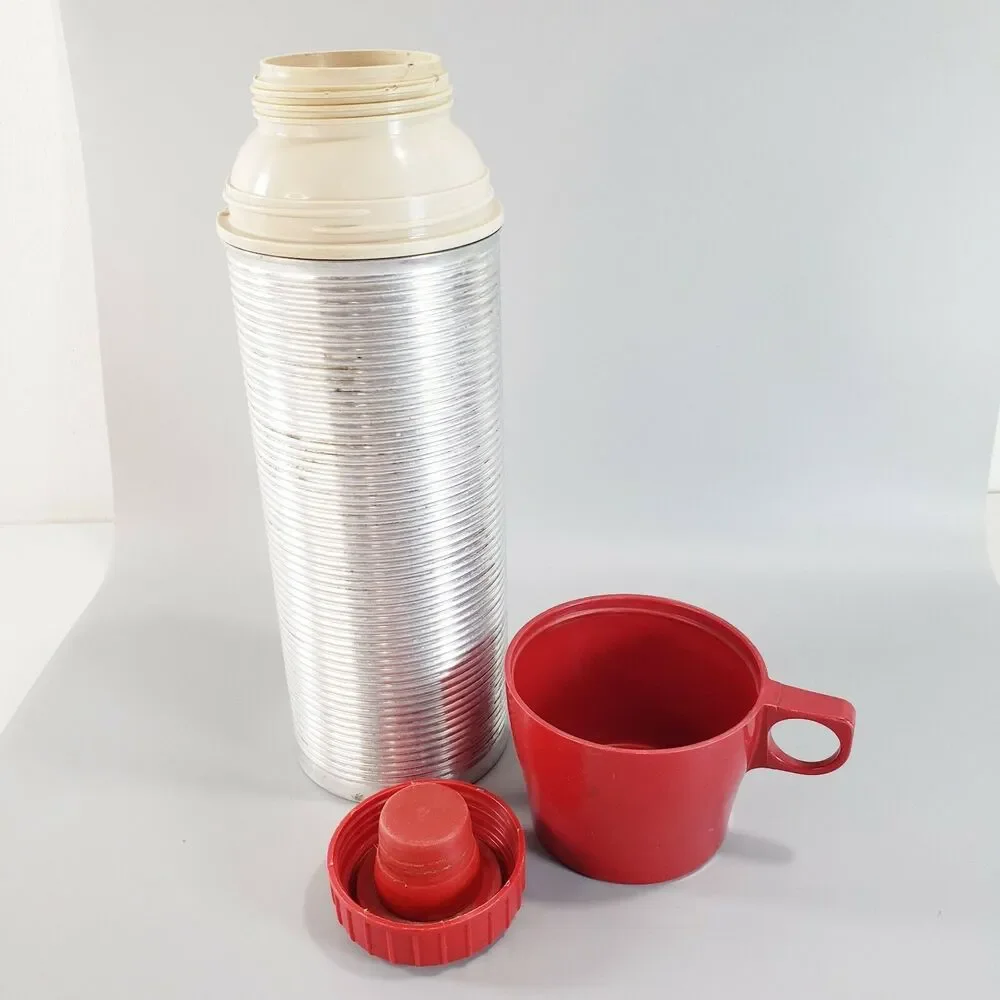 American Thermos Pint Size Ribbed Aluminum Red Cap Glass Insert Travel VTG